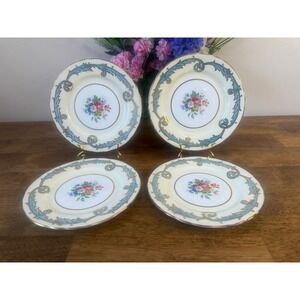 Aynsley England Bone China Side Plates Set Blue Scroll Floral Gold Trim Dessert